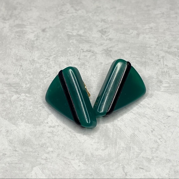 Vintage Green & Black Lucite Clip On Earrings - Picture 1 of 6